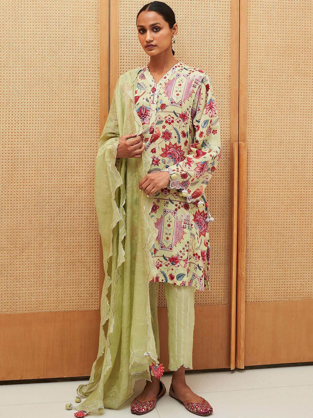 

Sage Saga Floral Printed Pure Cotton Pakistani Style Kurta With Trouser & Dupatta, Green