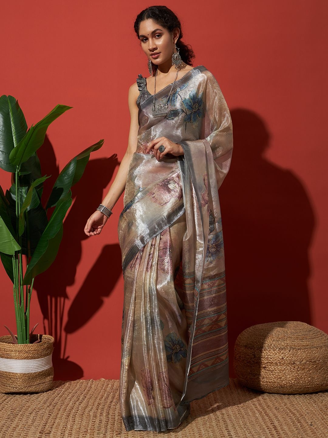 

RACHNA Digital Floral Tissue Saree, Silver