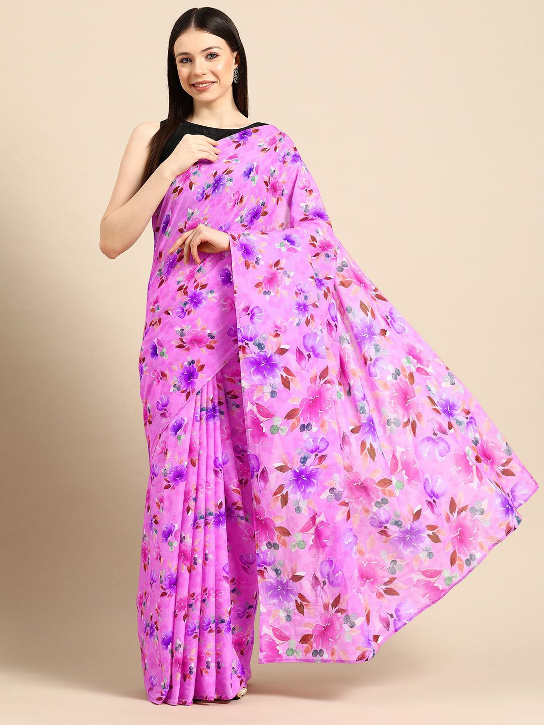 

BUTA BUTI Floral Printed Pure Cotton Solid Saree, Pink
