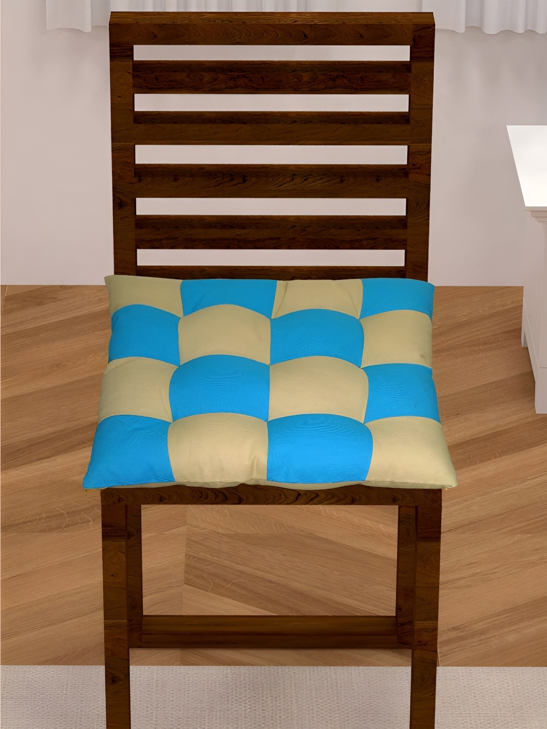

Lushomes Beige & Blue Checked Cotton Square Chair Pads