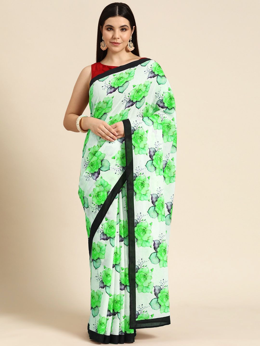 

BUTA BUTI Floral Printed Pure Cotton Saree, Green