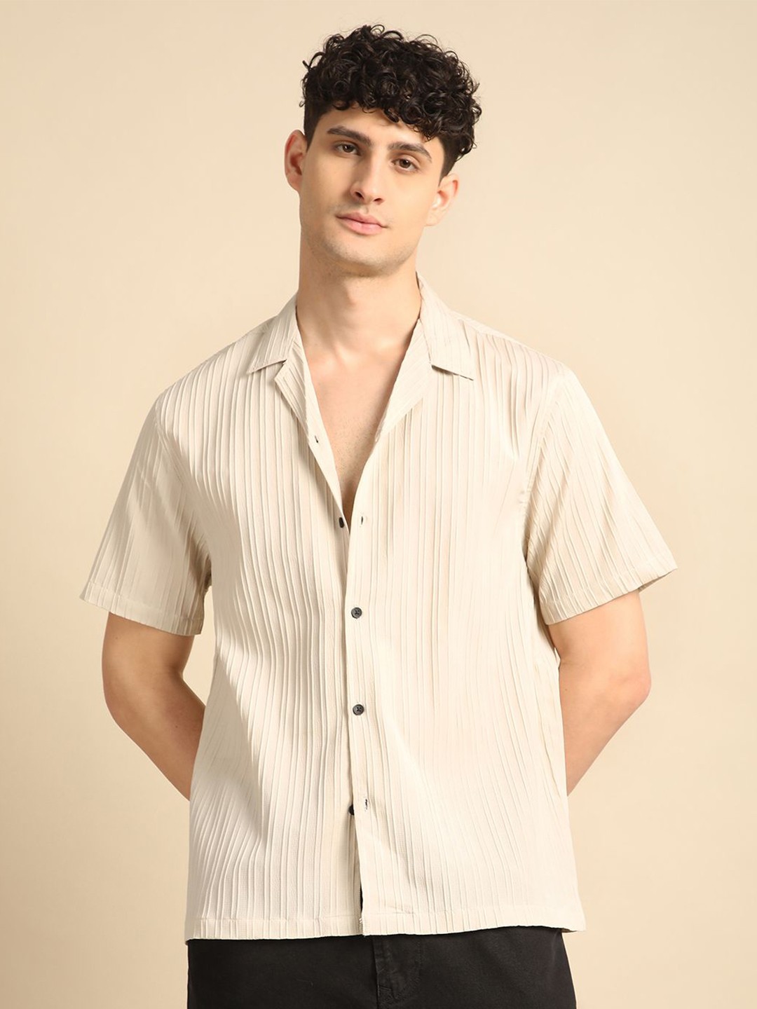 

Voroxy Men Smart Cuban Collar Textured Polycotton Casual Shirt, Beige