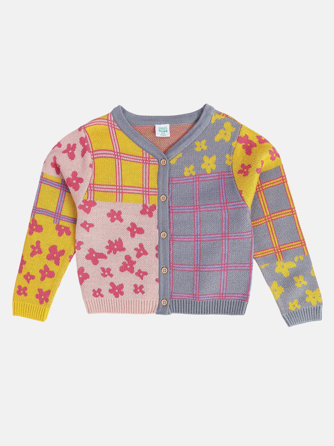 

MINI KLUB Girls Self Design Floral Cardigan, Grey