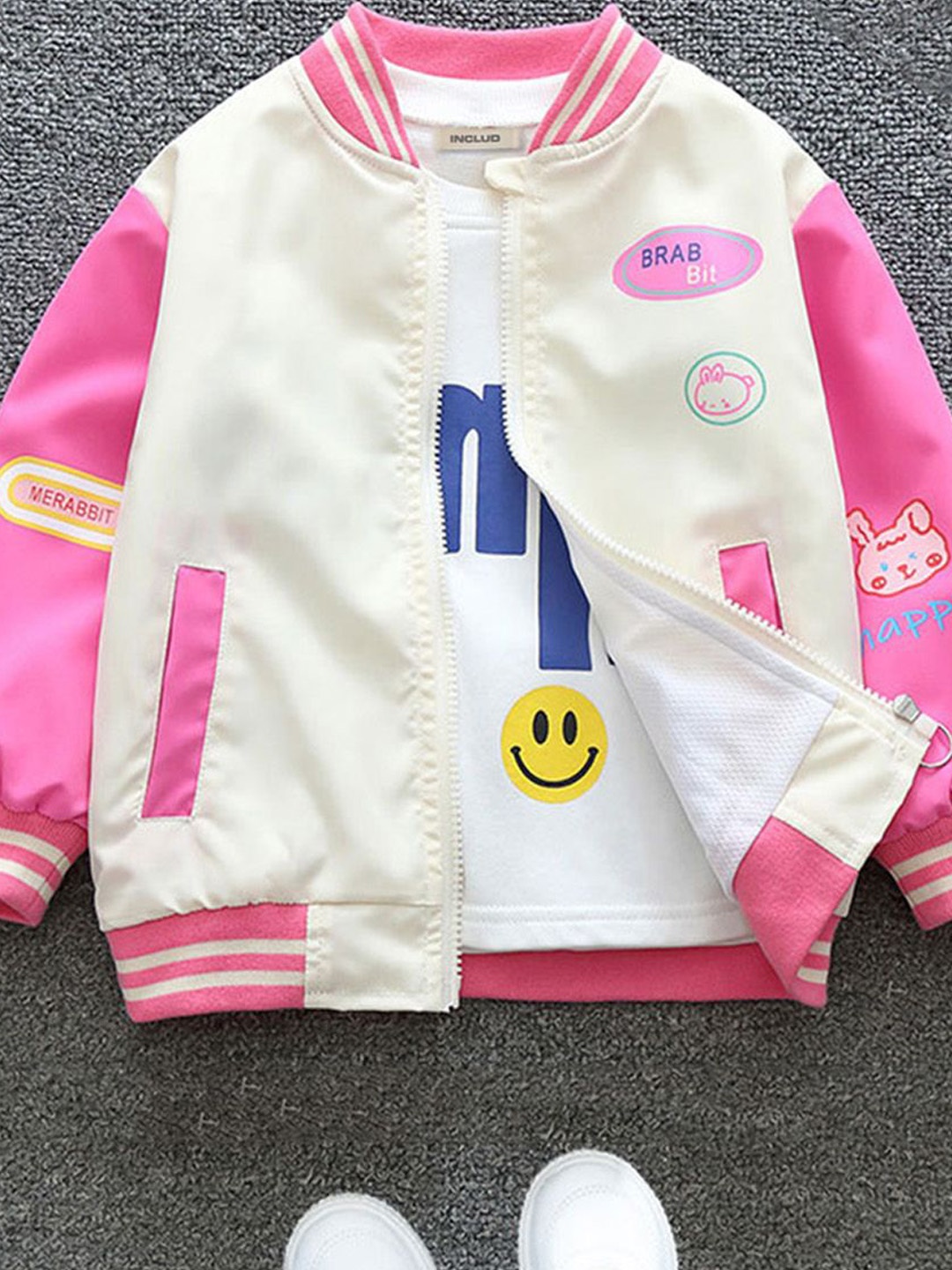 

INCLUD Girls Graphic Printed Open Front Jacket, Off white