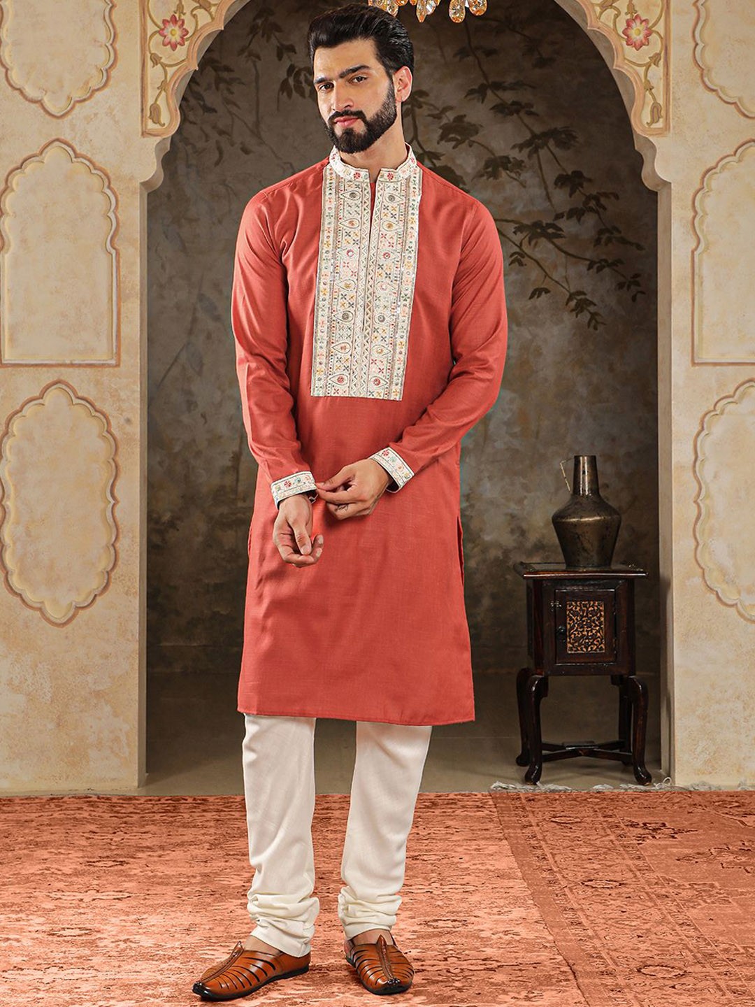 

HOUSE OF DEYANN Ethnic Motifs Embroidered Sequinned Kurta with Churidar, Rust