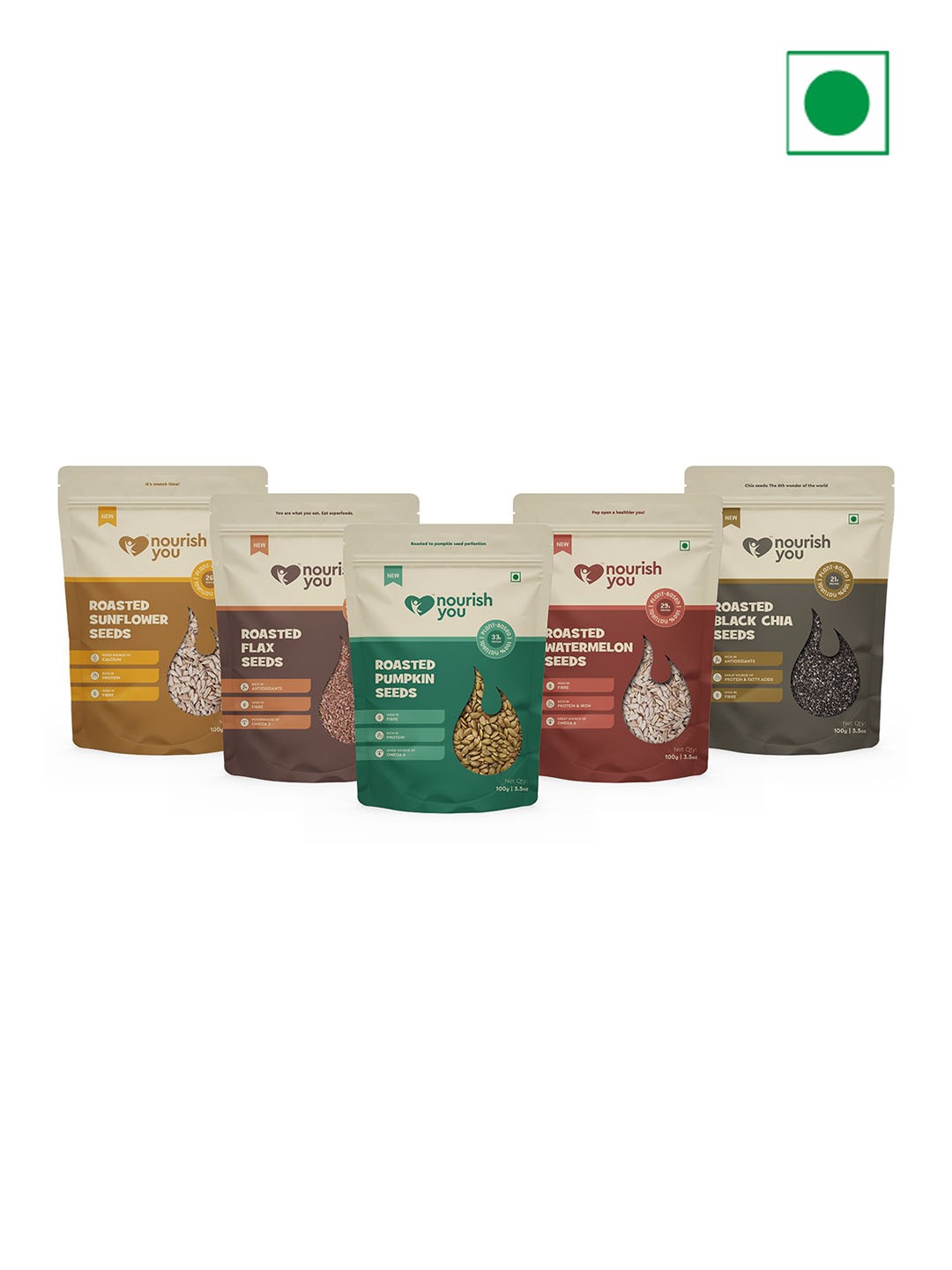 

Nourish You Roasted Seeds Combo ( Flax , Pumpkin , Chia , Sunflower , Watermelon )- 100 gm Each, Red