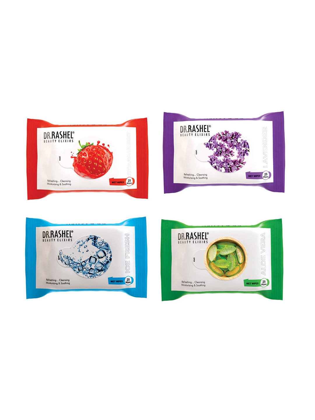 

DR.RASHEL Set Of 4 Strawberry, Lavender, Ice Fresh & Aloe Vera Wet Wipes - 25 Wipes Each, Red