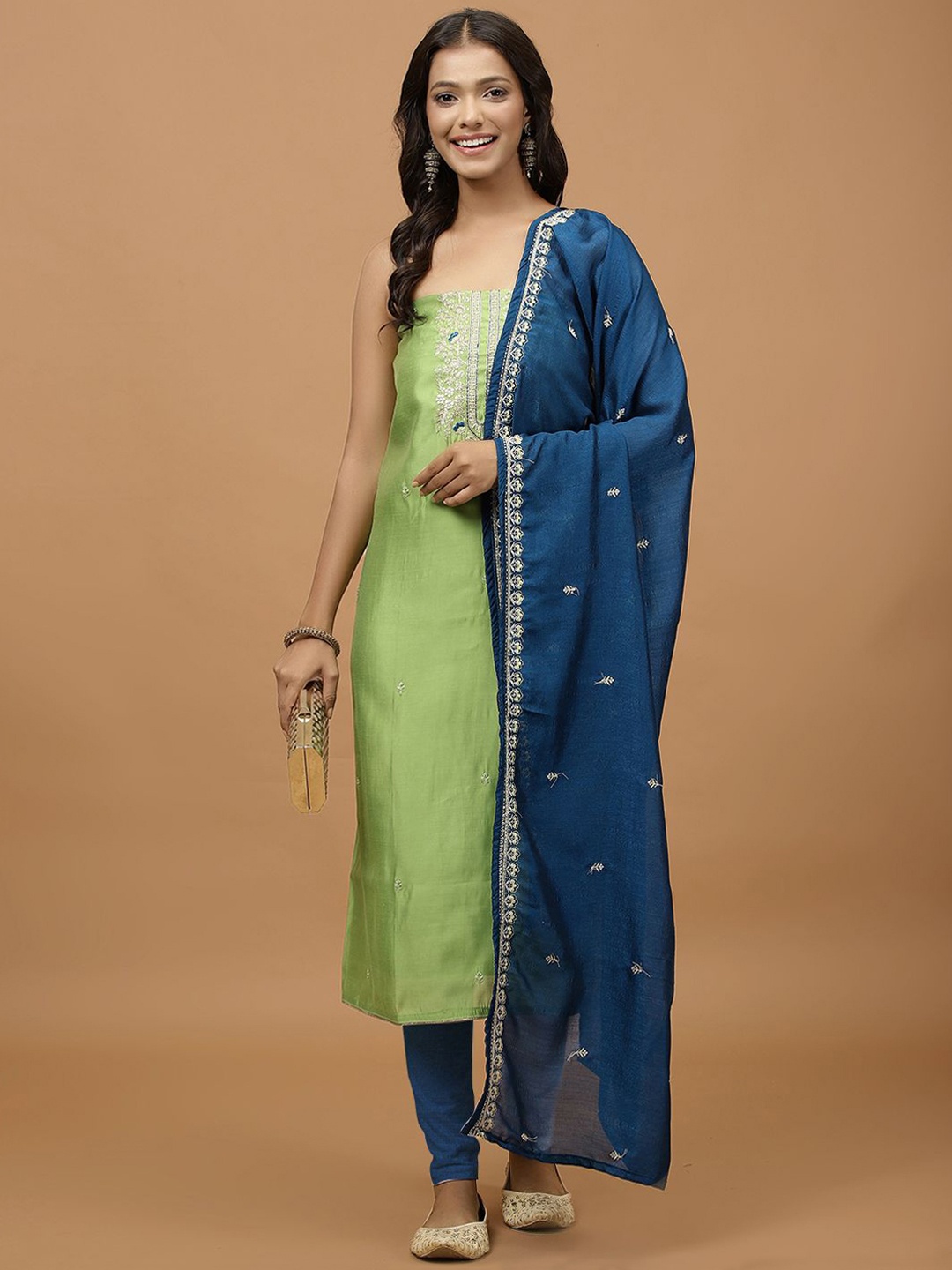 

Meena Bazaar Floral Embroidered Sequinned Unstitched Dress Material, Green