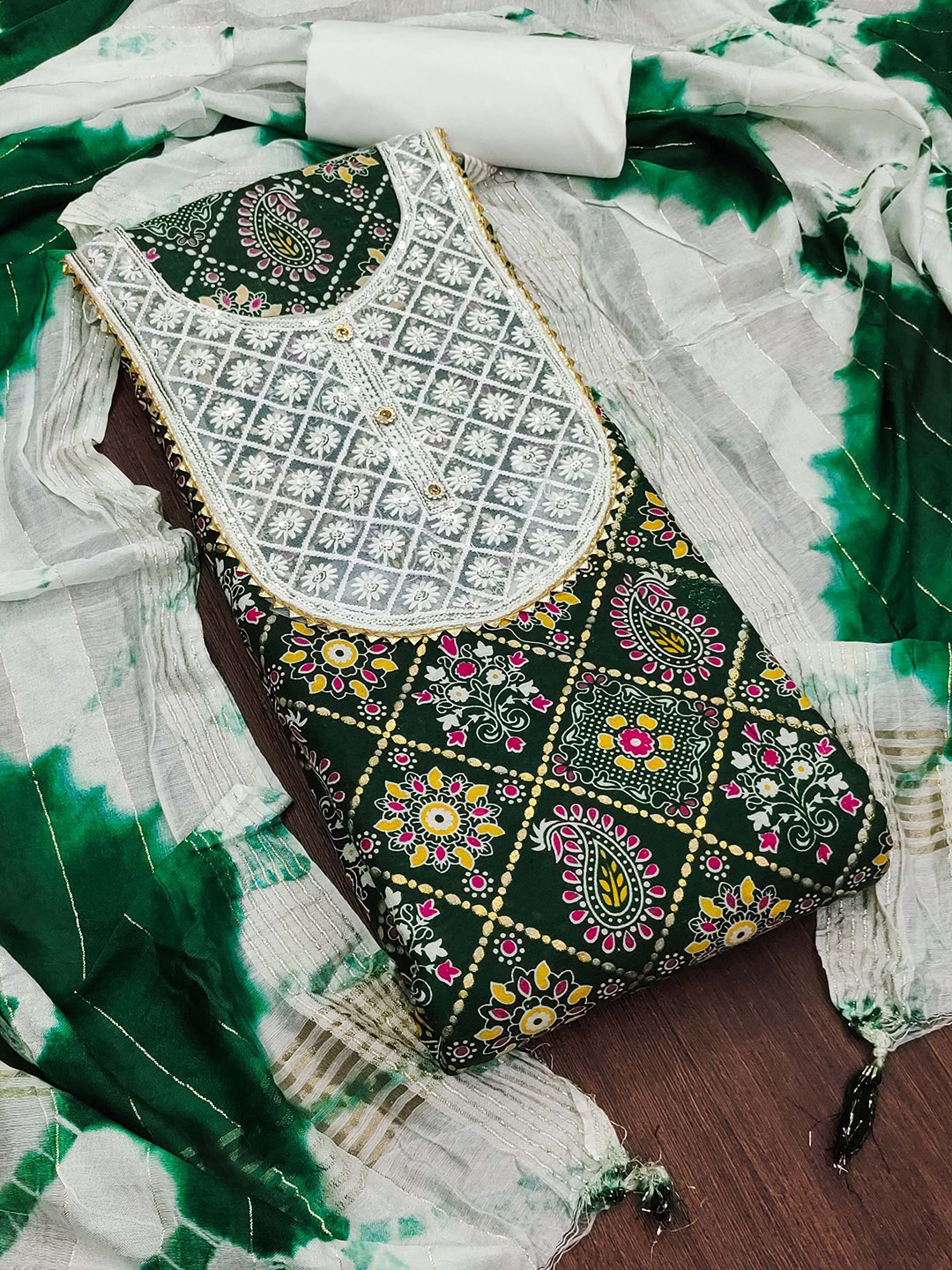 

KALINI Floral Embroidered Sequinned Pure Cotton Unstitched Dress Material, Green