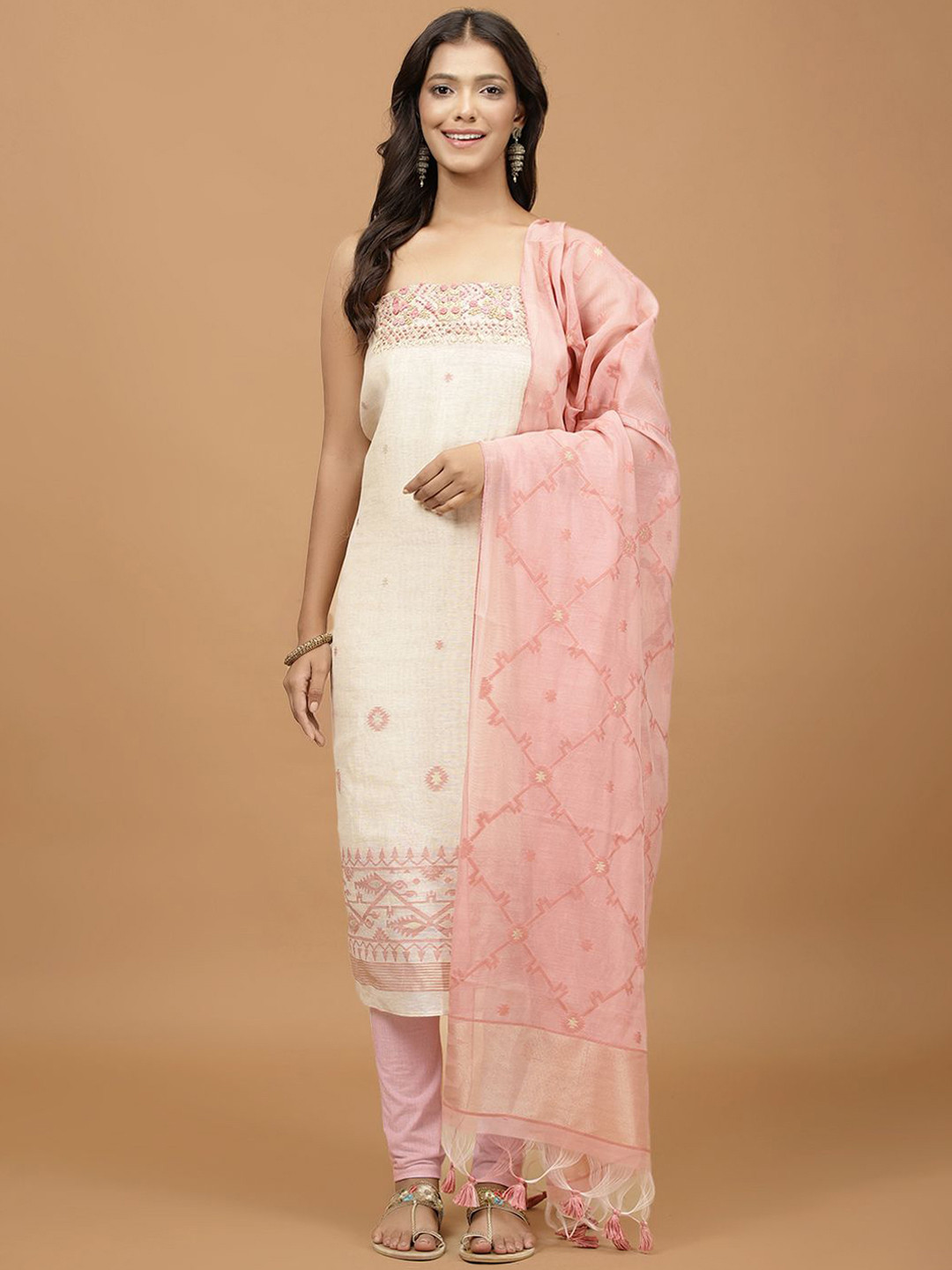 

Meena Bazaar Floral Embroidered Sequinned Unstitched Dress Material, Beige
