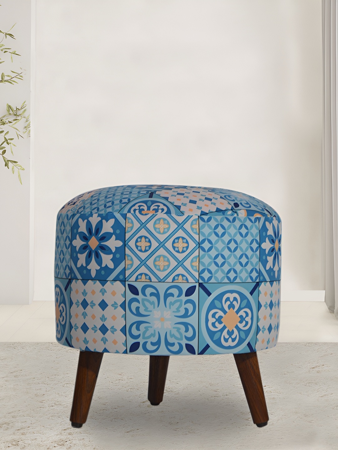 

GLOBALLY INDIAN Blue & Beige Printed Wooden Round Puff Ottoman