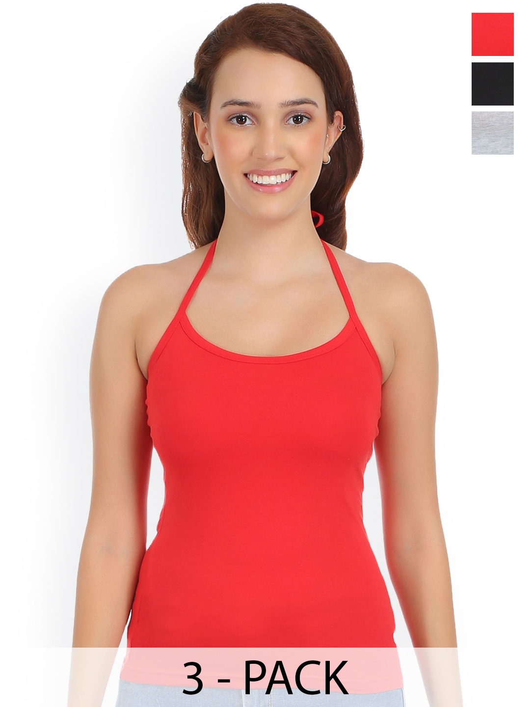 

SELFCARE Pack Of 3 Solid Cotton Camisoles, Red