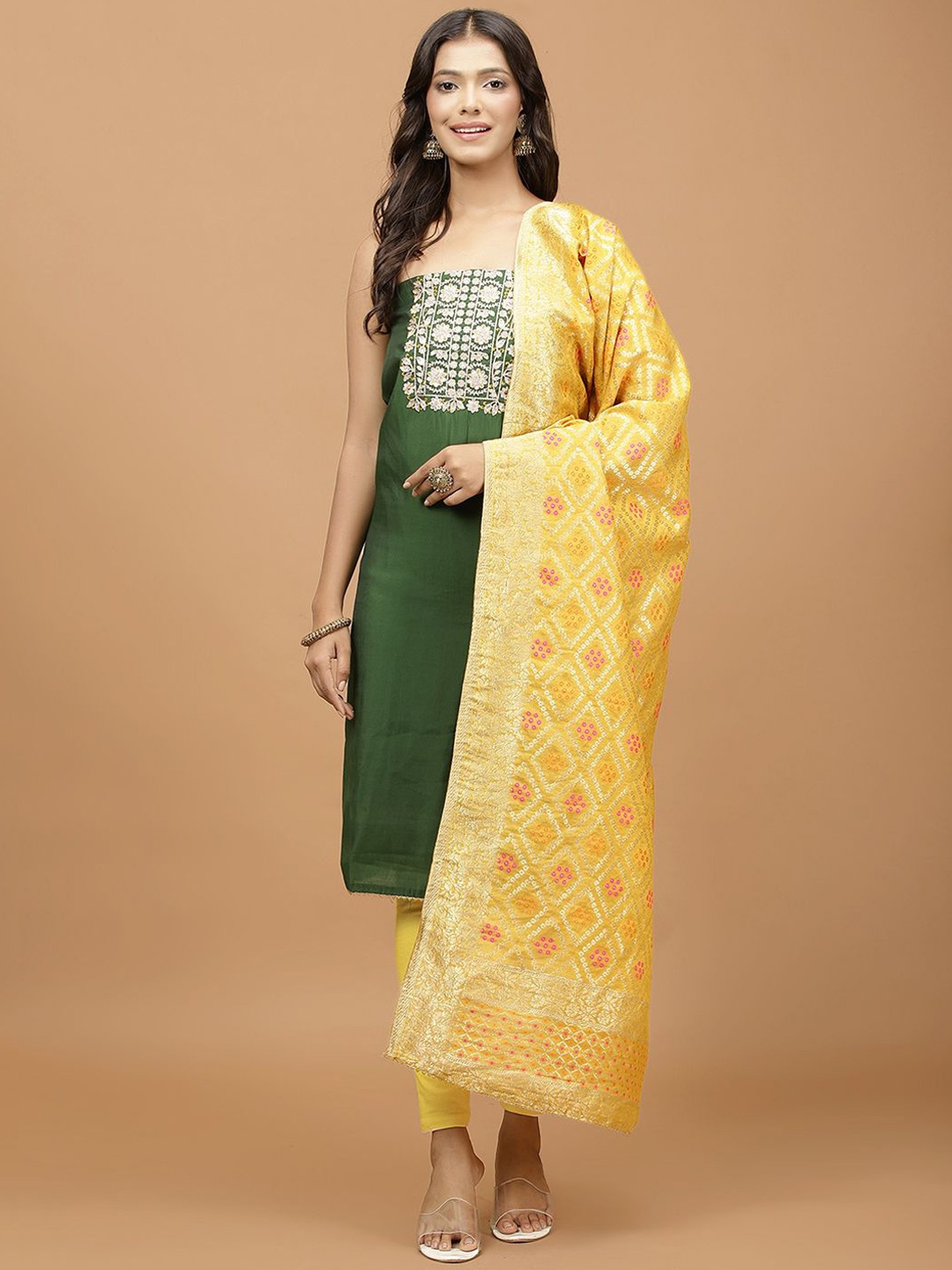 

Meena Bazaar Ethnic Motifs Embroidered Unstitched Dress Material, Green