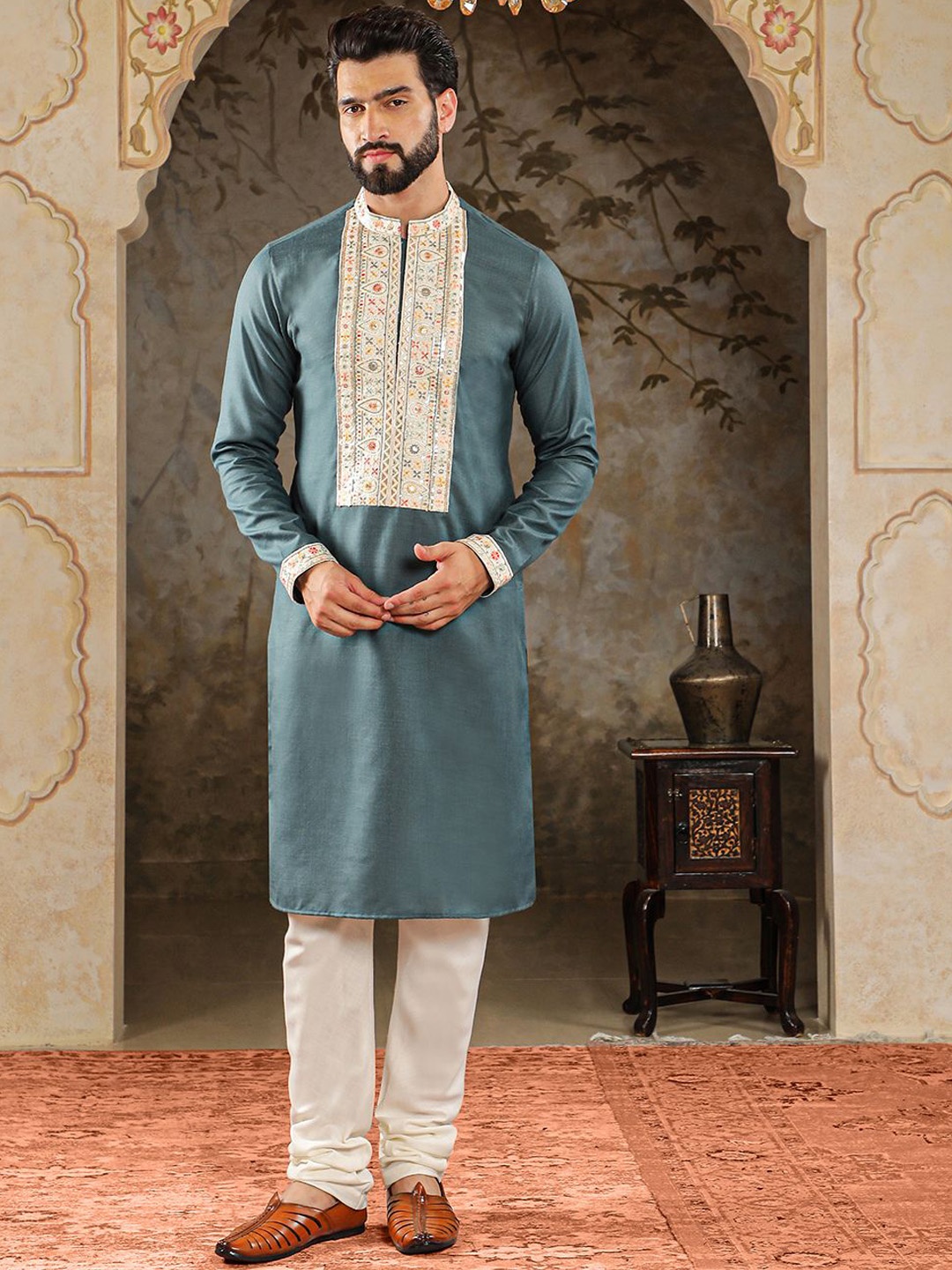 

HOUSE OF DEYANN Floral Embroidered Sequinned Jacquard Straight With Churidar, Blue