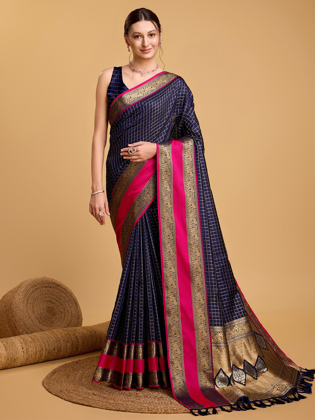 

Kriyansh Woven Design Banarasi Saree With Zari Border, Navy blue