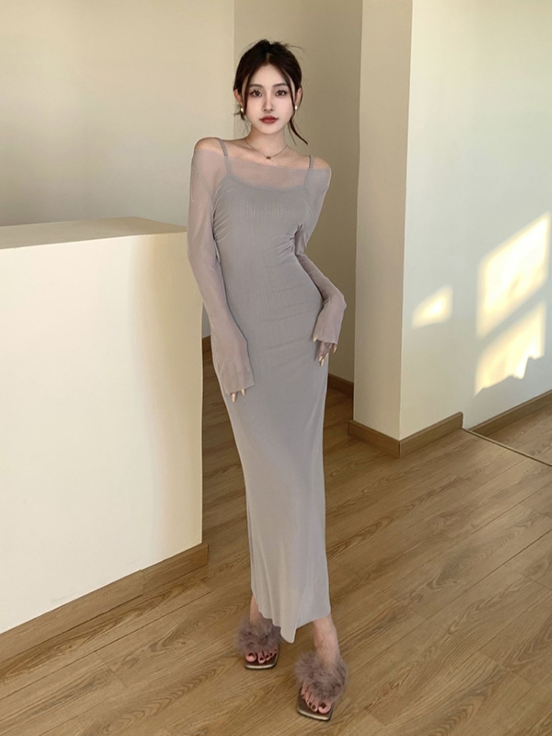 

KPOP Bodycon Grey Shoulder Straps Solid Sleeveless Maxi Polyester Dress