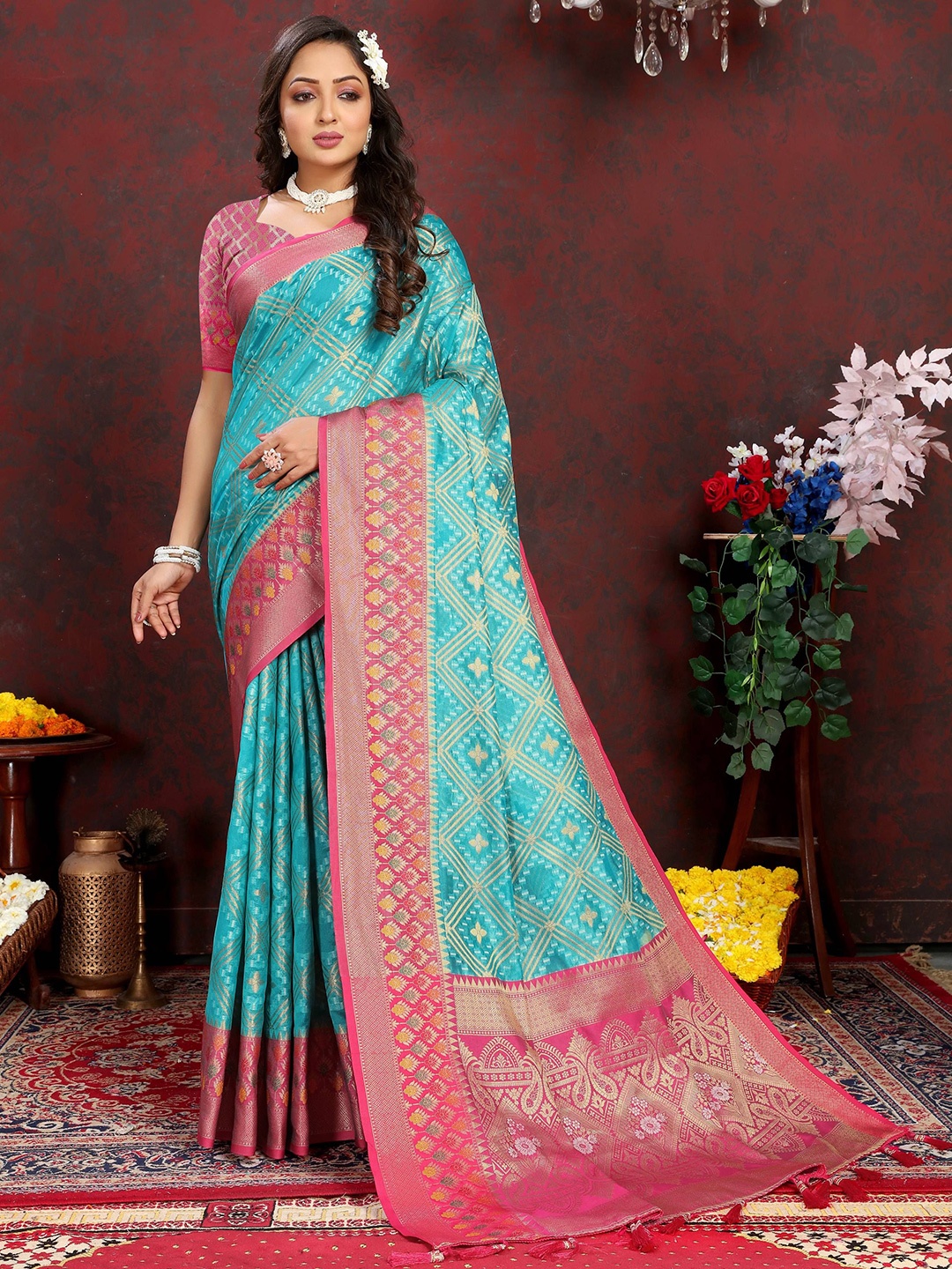 

Zeekha Woven Design Zari Pure Silk Kanjeevaram Saree, Turquoise blue