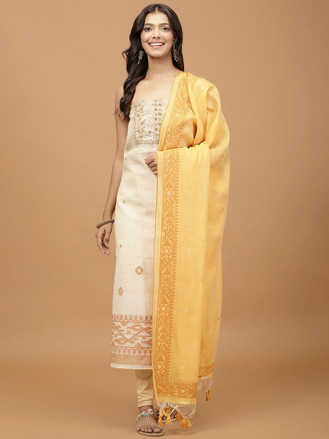 

Meena Bazaar Ethnic Motifs Embroidered Unstitched Dress Material, Beige