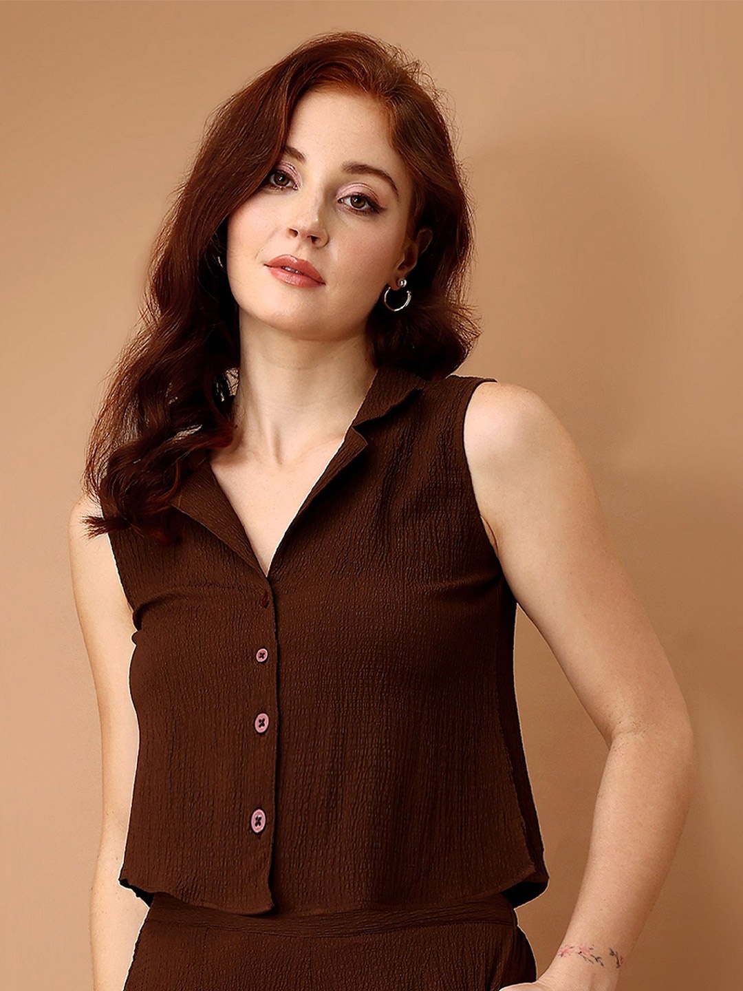 

Murcia Women Original Cuban Collar Solid Casual Shirt, Brown