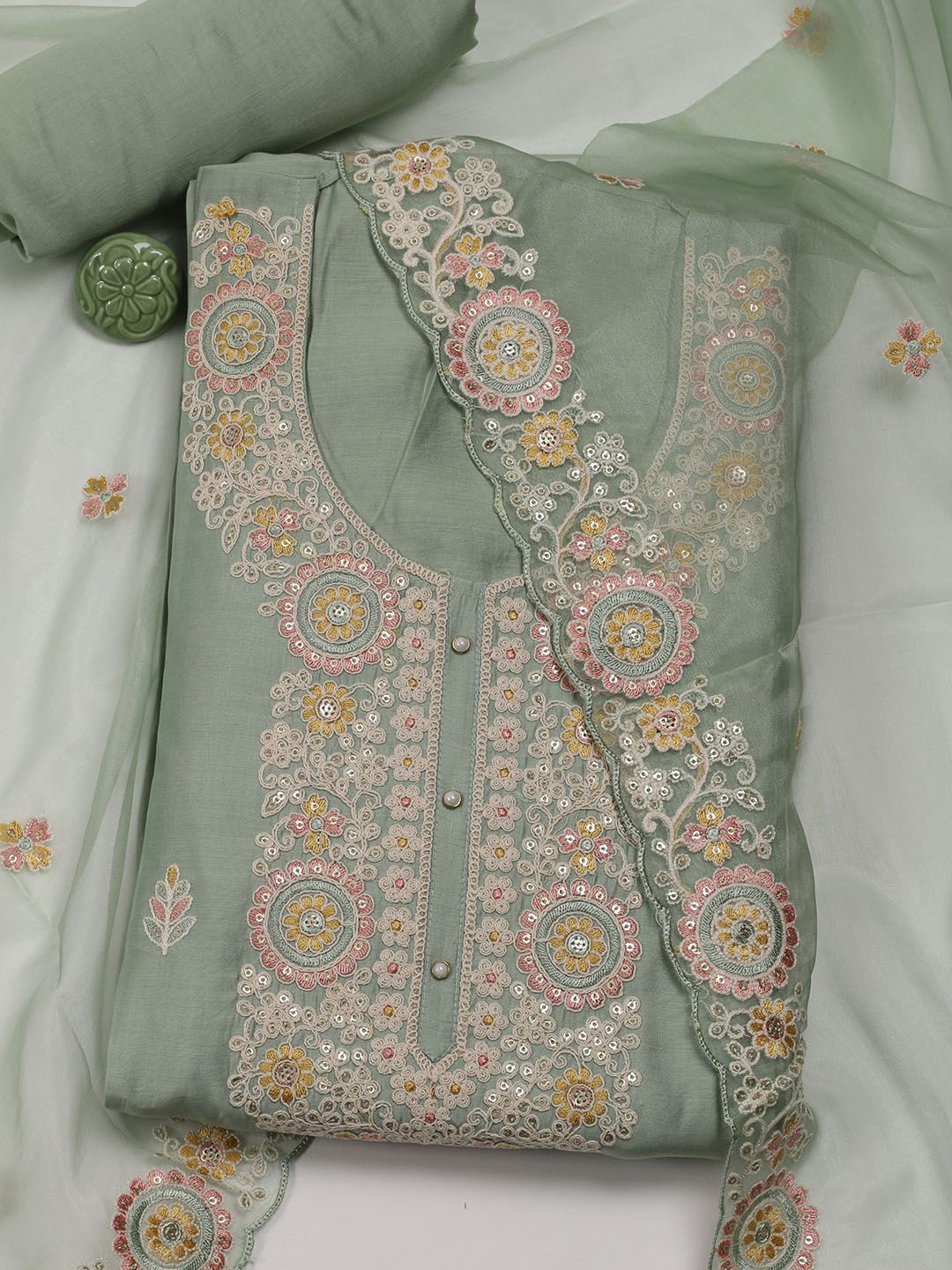 

Meena Bazaar Floral Embroidered Sequinned Unstitched Dress Material, Green