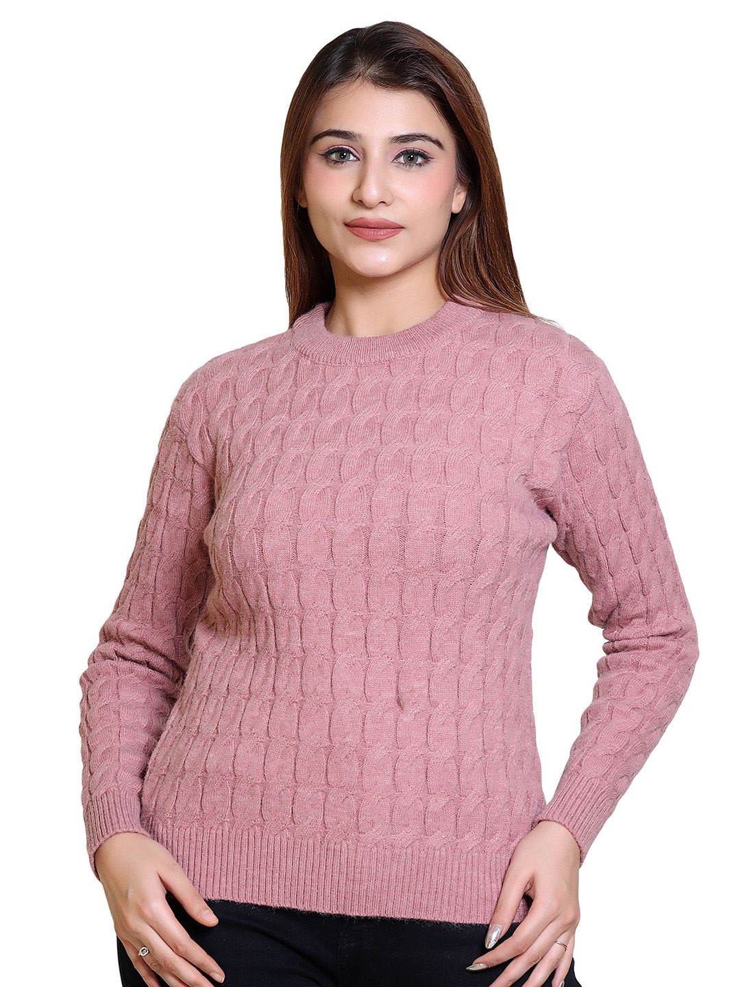 

LEZA Women Cable Knit Round Neck Long Sleeves Pullover, Pink