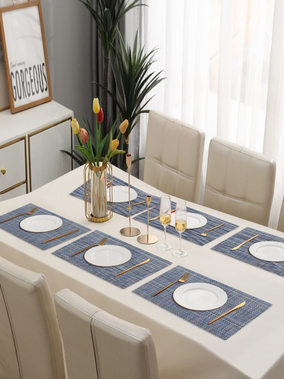 

LooMantha 6Pcs Blue Striped Table Placemats, Silver