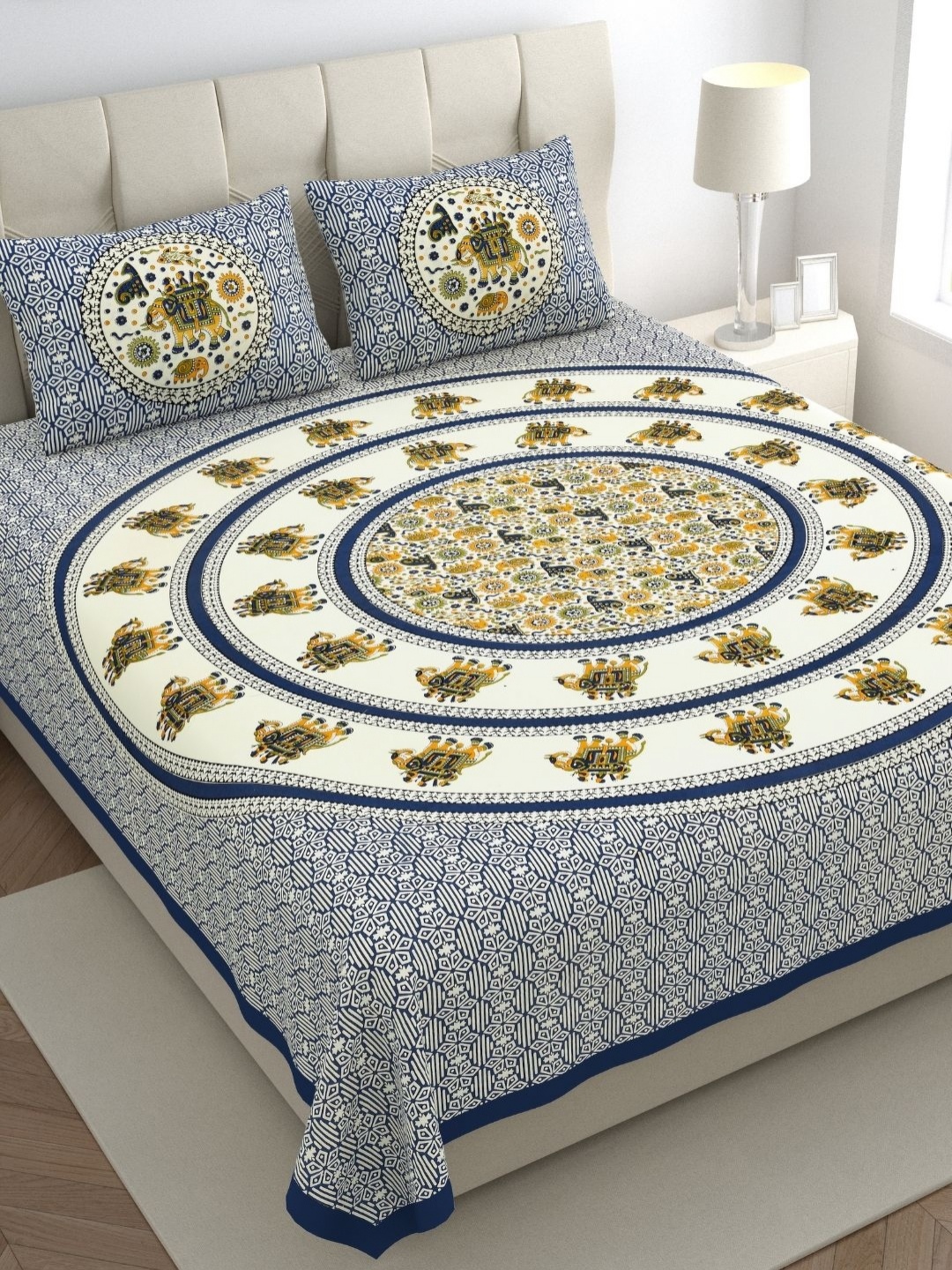 

The Craft Monk Blue Elephant Printed Cotton 300 TC Super King Bedsheet & 2 Pillow Covers