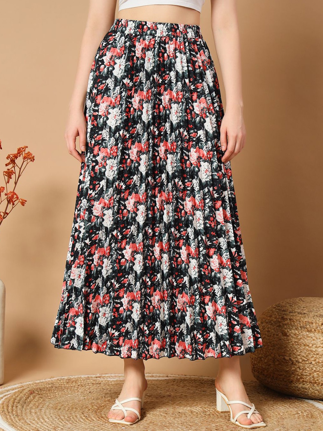 

ZWERLON Floral Printed Pleated A-Line Maxi Skirt, Black