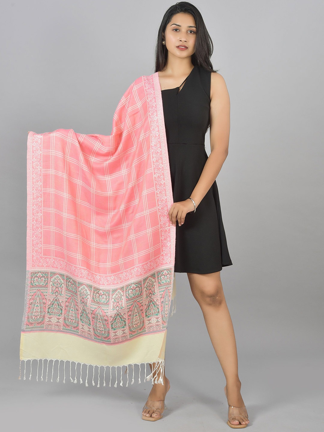 

BAISA Checked Tasselled Shawl, Pink