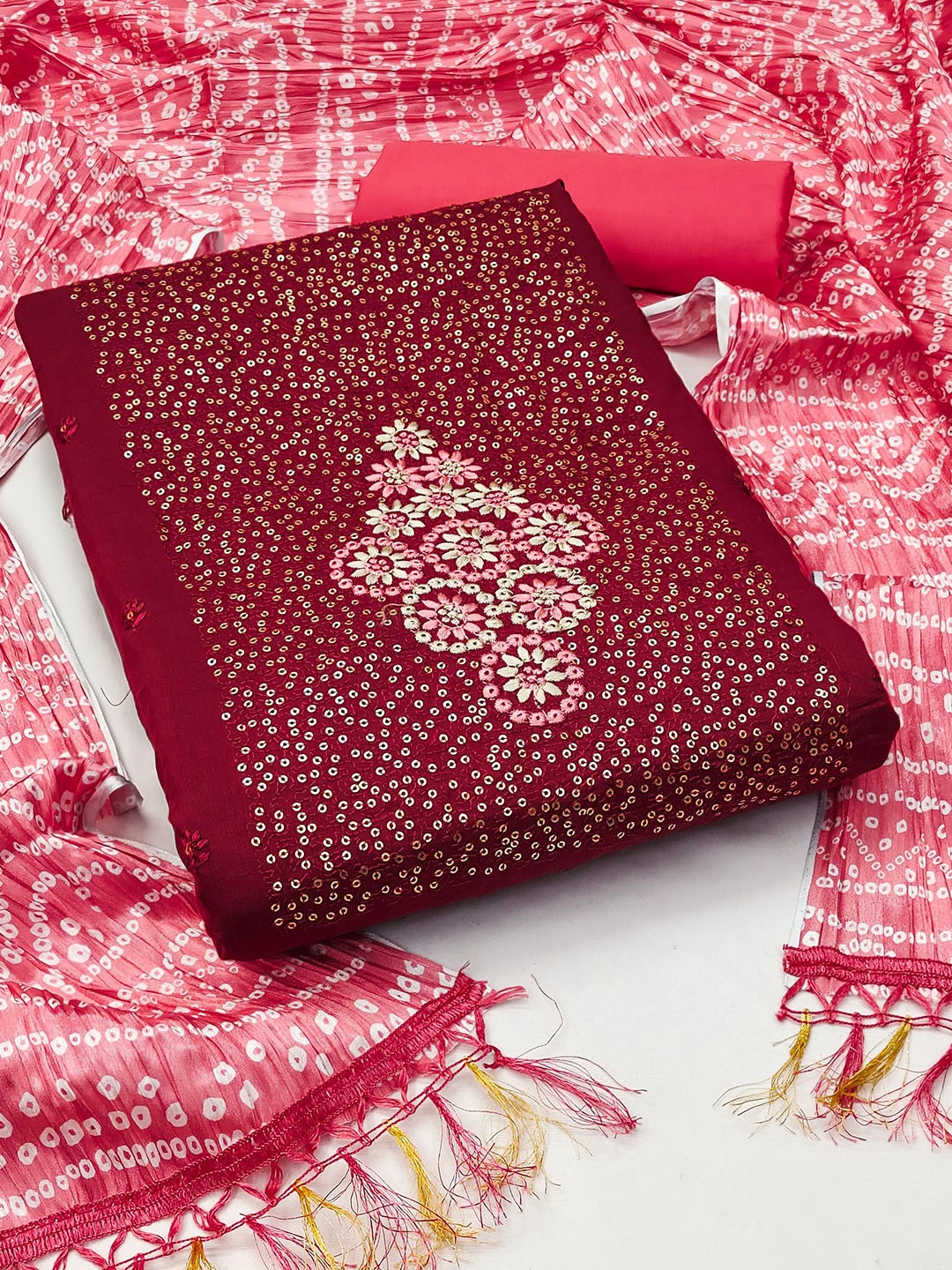 

KALINI Floral Embroidered Sequinned Unstitched Dress Material, Maroon