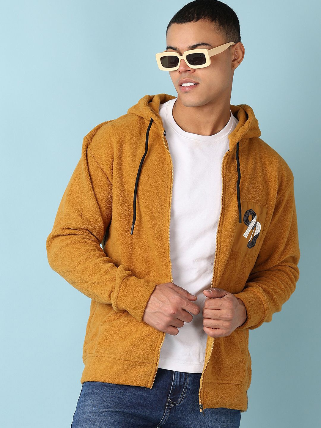 

V-Mart Men Solid Hood Cotton Front-Open Sweatshirt, Mustard