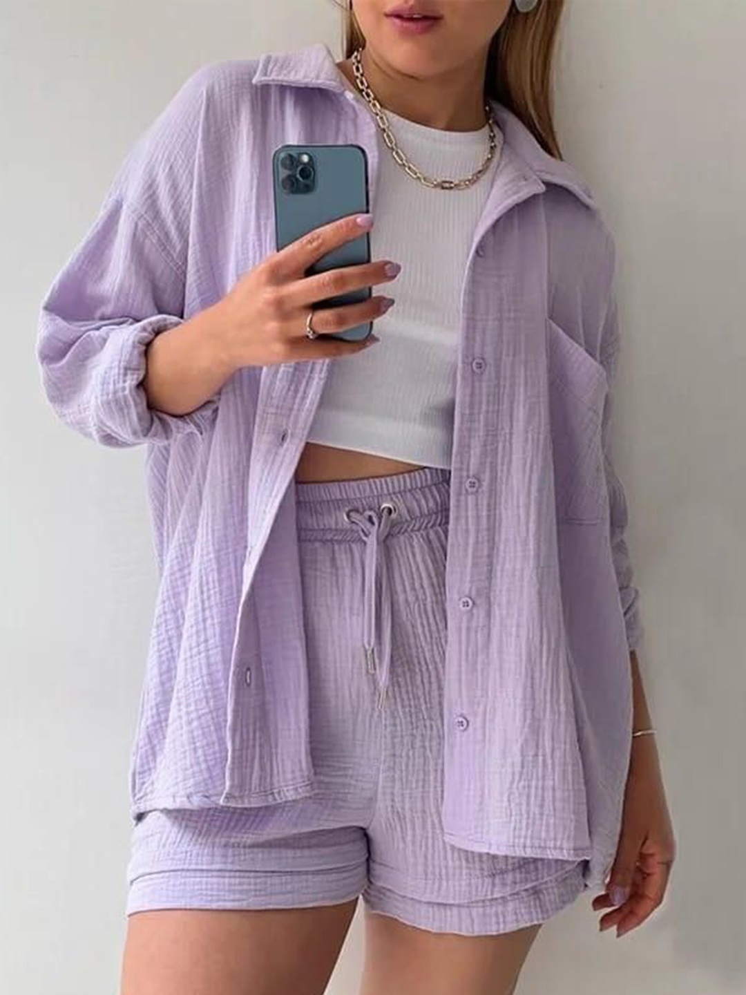 

Alamode By Akanksha Shirt Collar Long Sleeves Shirt With Shorts, Lavender