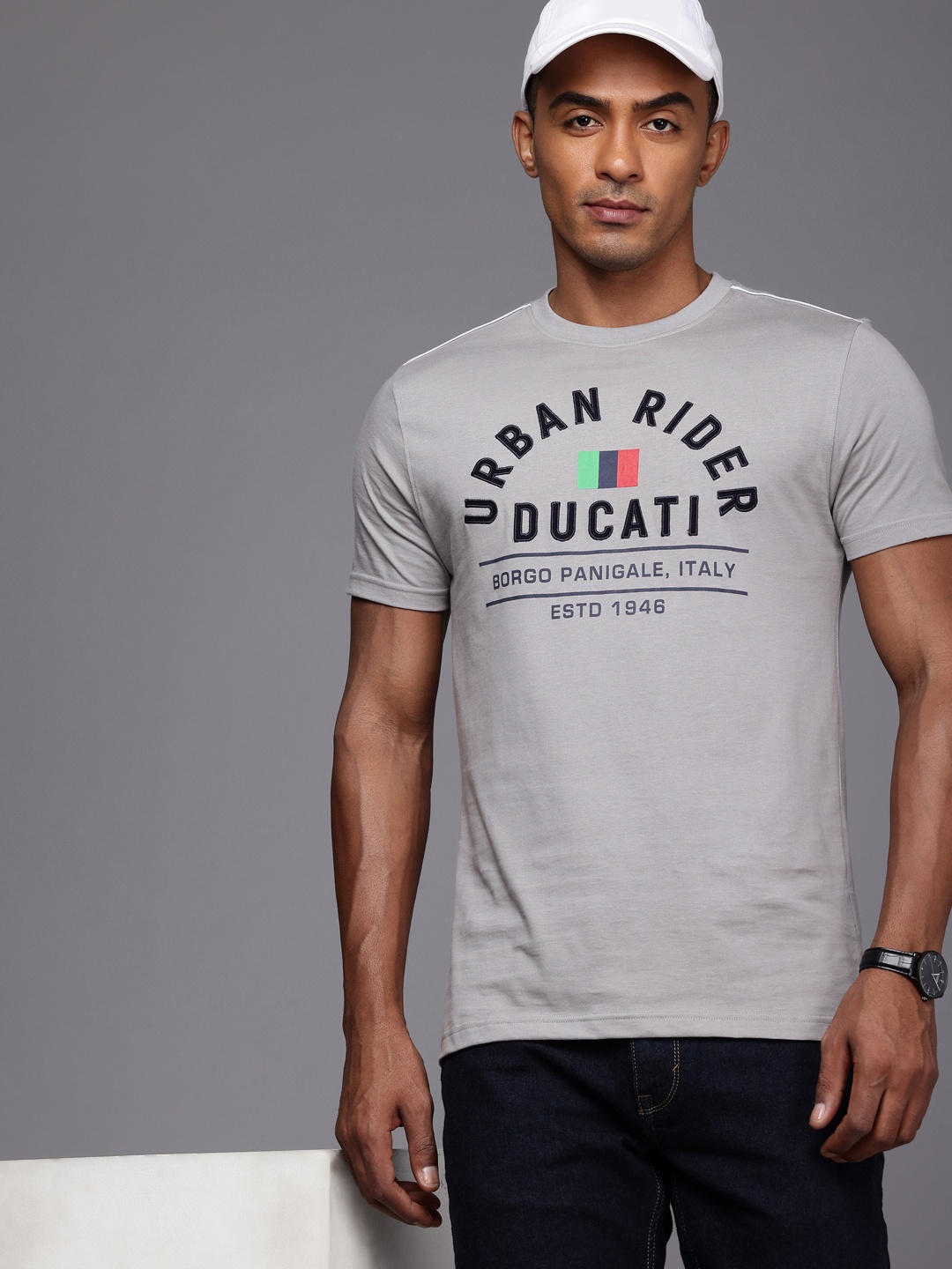 

Ducati Typography Printed Applique Detail Pure Cotton T-shirt, Grey