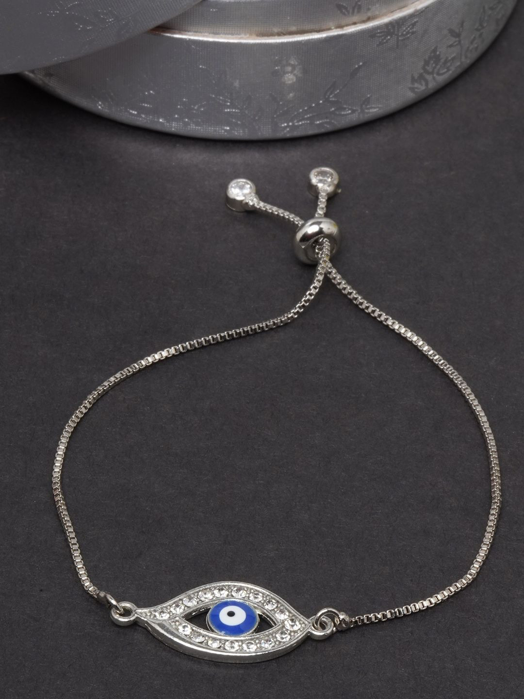 

KPOP Cubic Zirconia Studded Silver-Plated Evil Eye Charm Bracelet