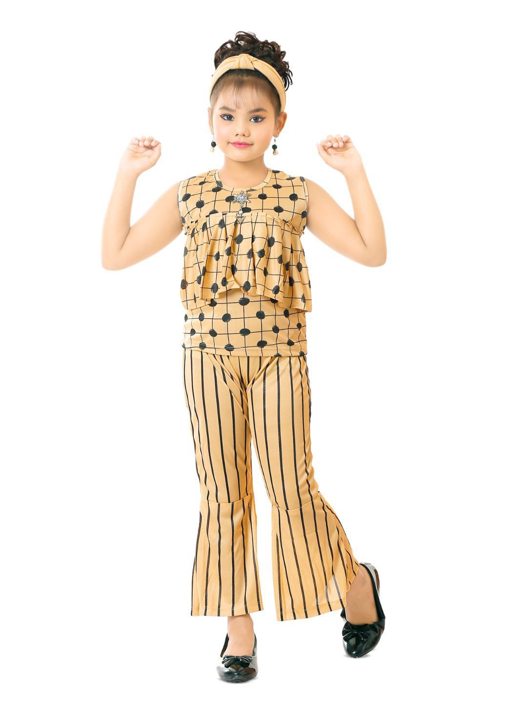 

Fessist Girls Geometric Printed Round neck Sleeveless Top & Sharara, Cream