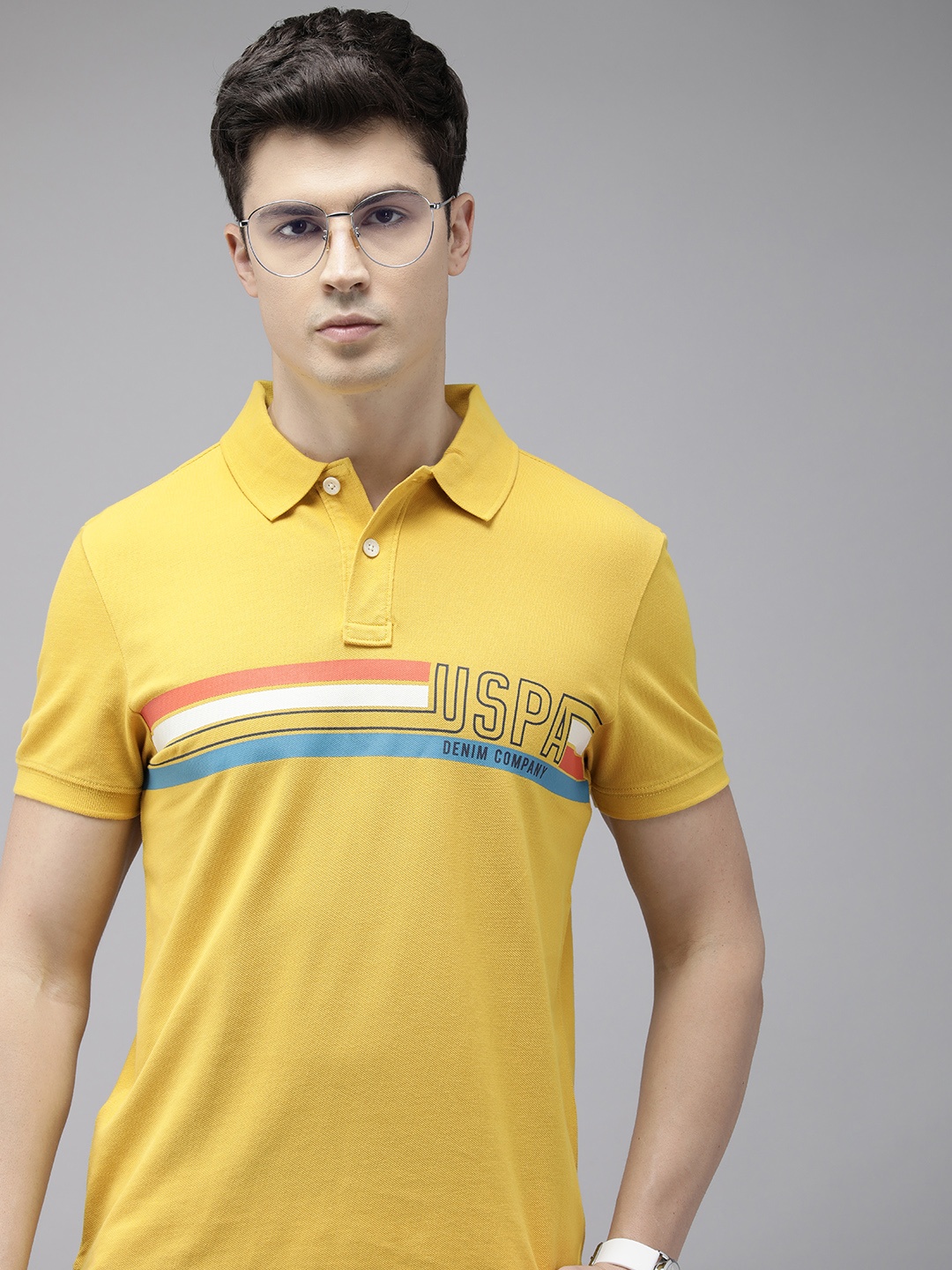 

U.S. Polo Assn. Denim Co. Men Brand Logo Printed Polo Collar Pure Cotton Slim Fit T-shirt, Yellow