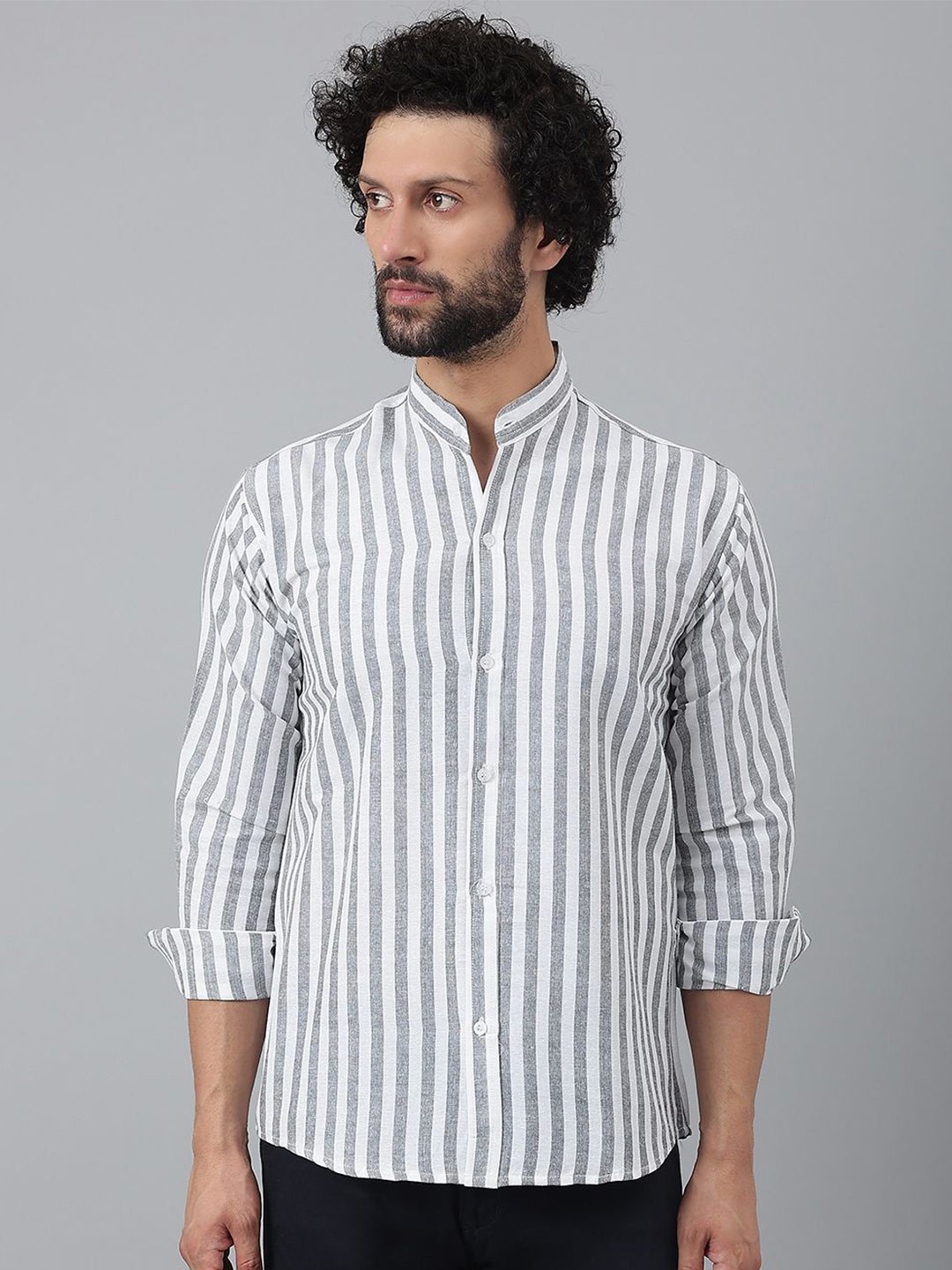 

KLOSET BY RIAG Men Classic Band Collar Vertical Striped Cotton Casual Shirt, Grey