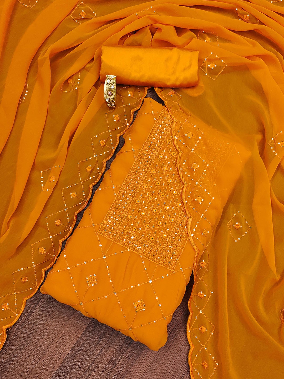 

KALINI Ethnic Motifs Embroidered Sequinned Silk Georgette Unstitched Dress Material, Mustard