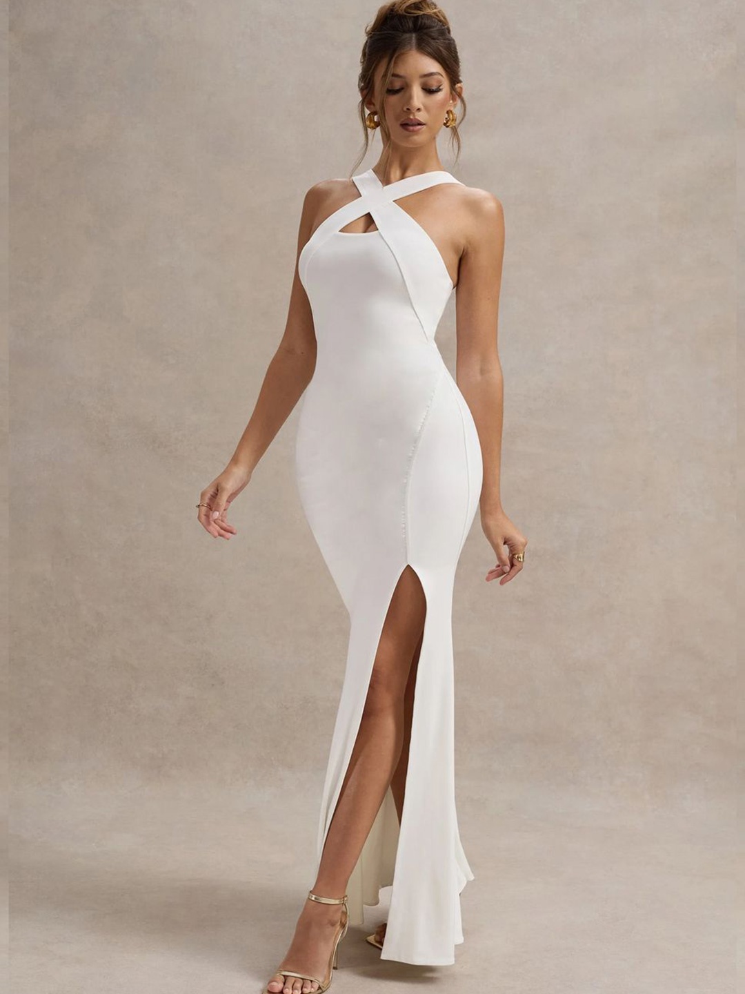 

Genzy Solid Crepe Bodycon Maxi Dress, White