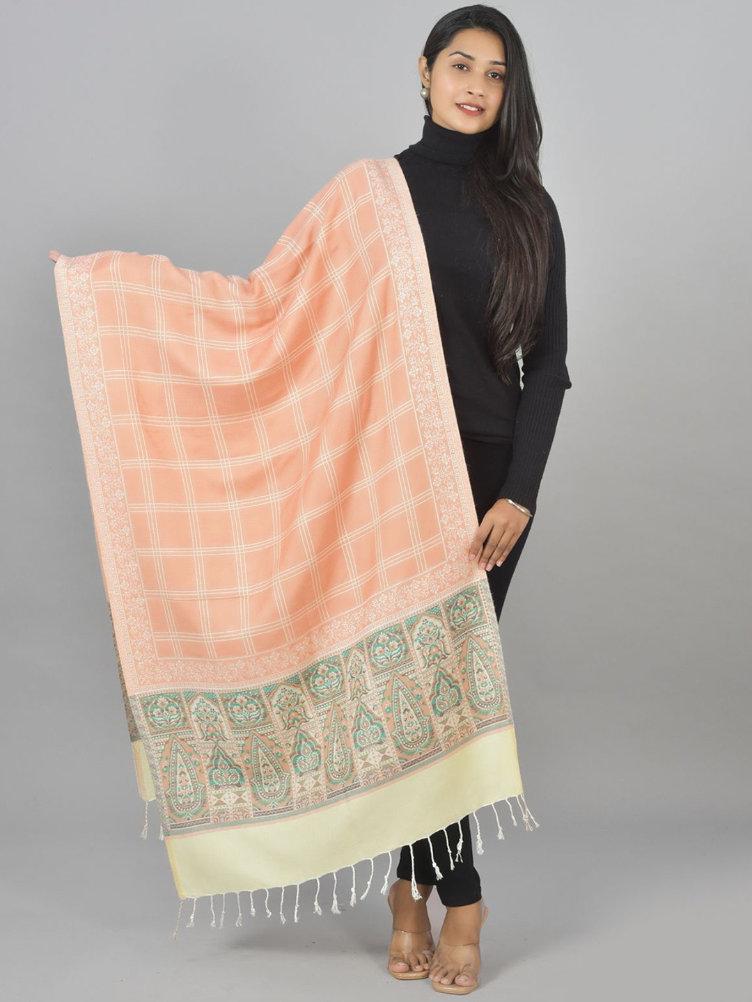 

BAISA Checked Woven Design Shawl, Peach
