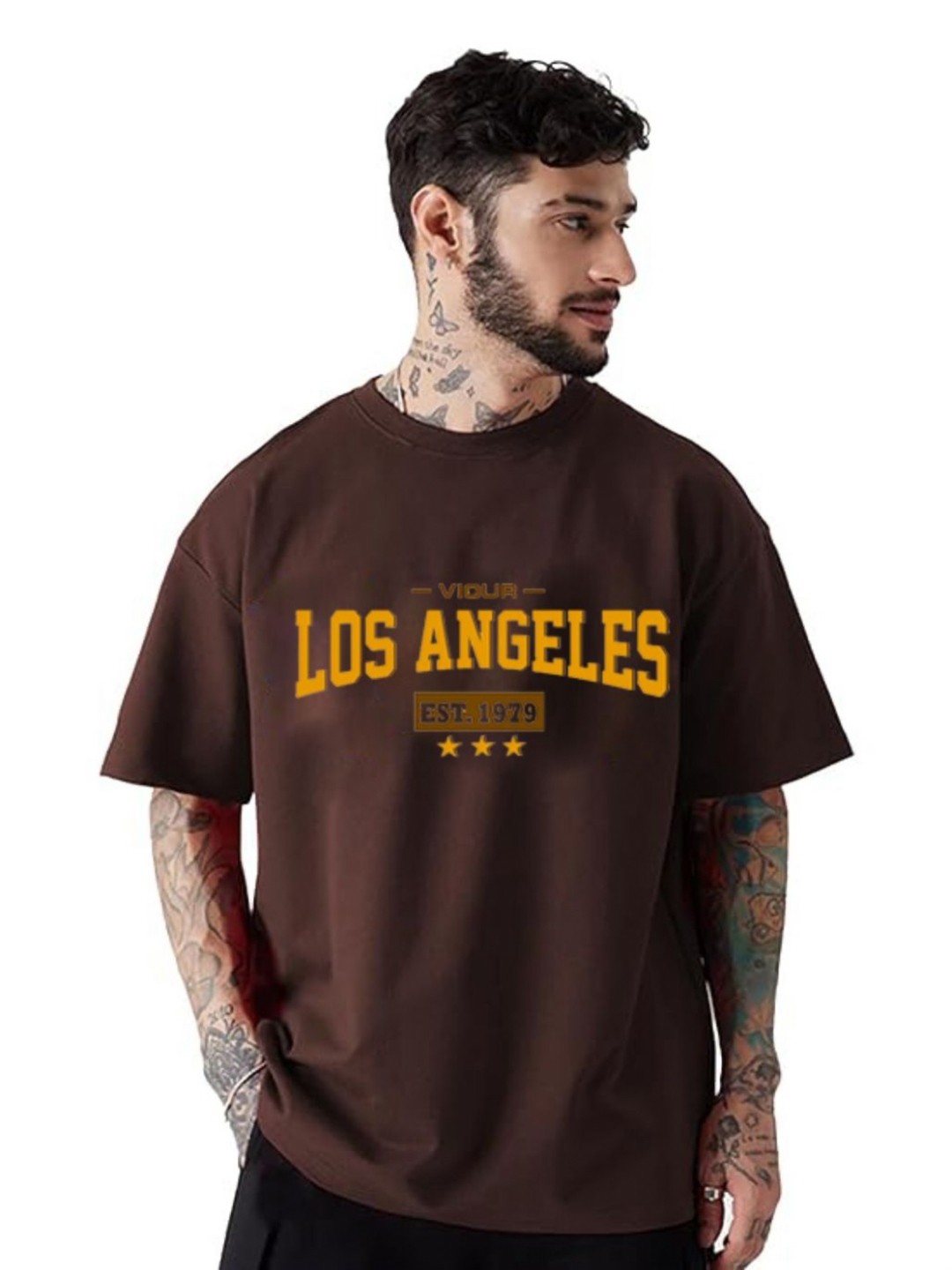 

CLAFOUTIS Men Typography Printed Drop-Shoulder Sleeves Applique T-shirt, Brown