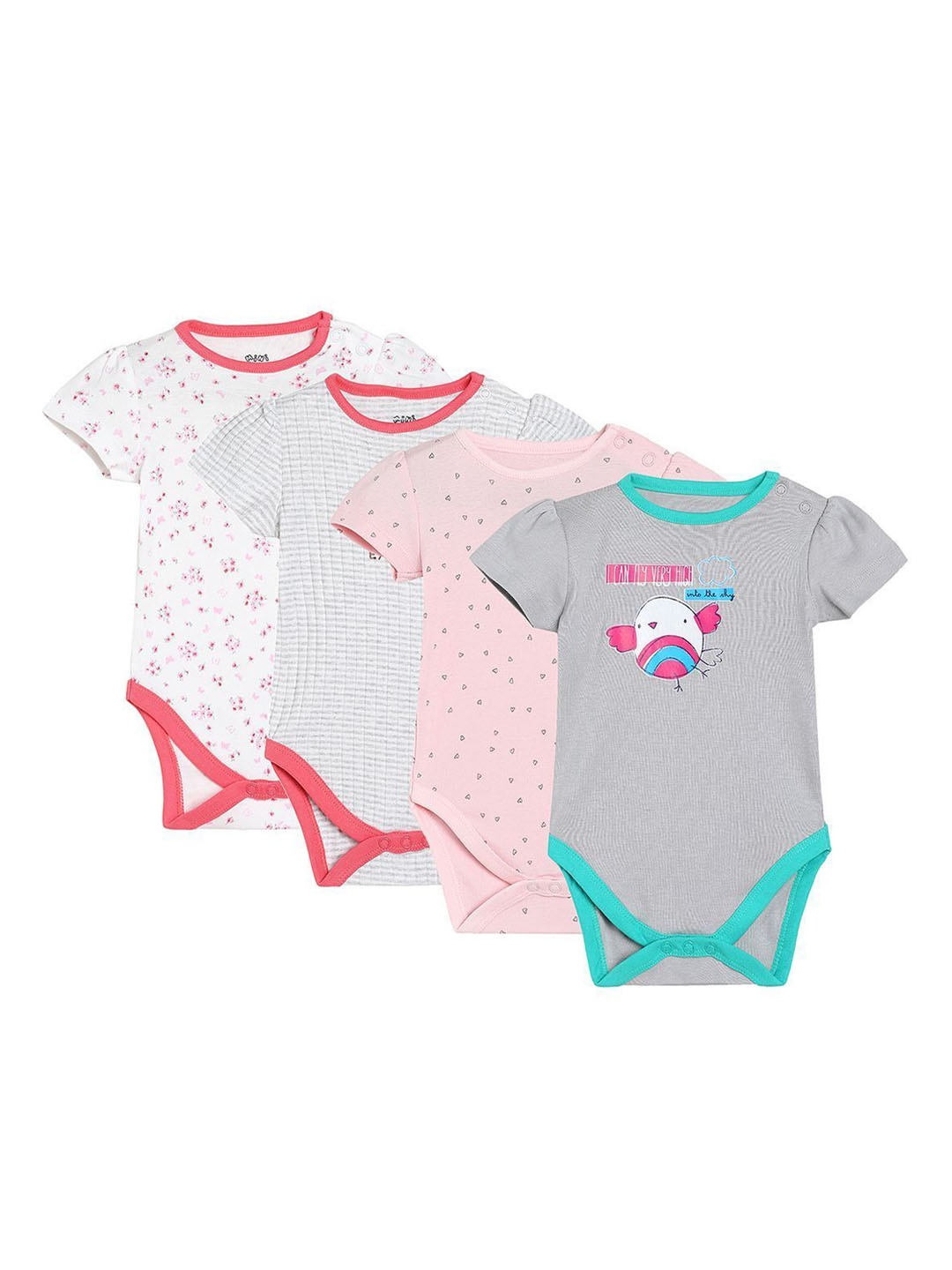 

MINI KLUB Infant Girls Pack Of 4 Printed Cotton Bodysuits, White