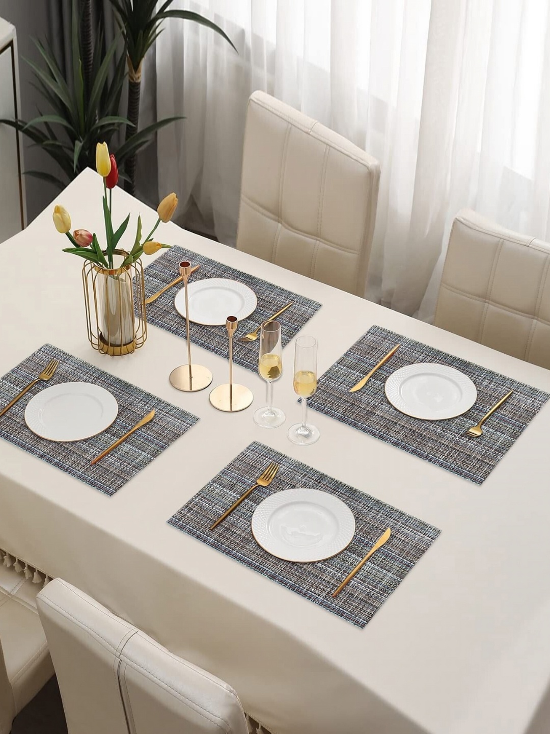 

Dakshya Industries 4Pcs Grey Striped Rectangle Shape Table Placemats