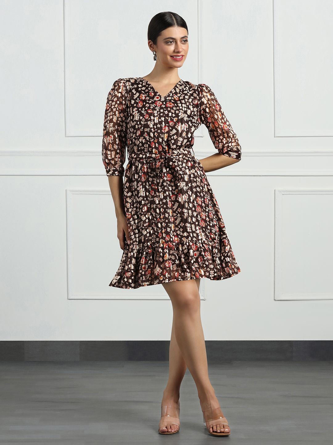 

BAESD Women Floral Print Georgette Fit & Flare Mini Dress, Brown