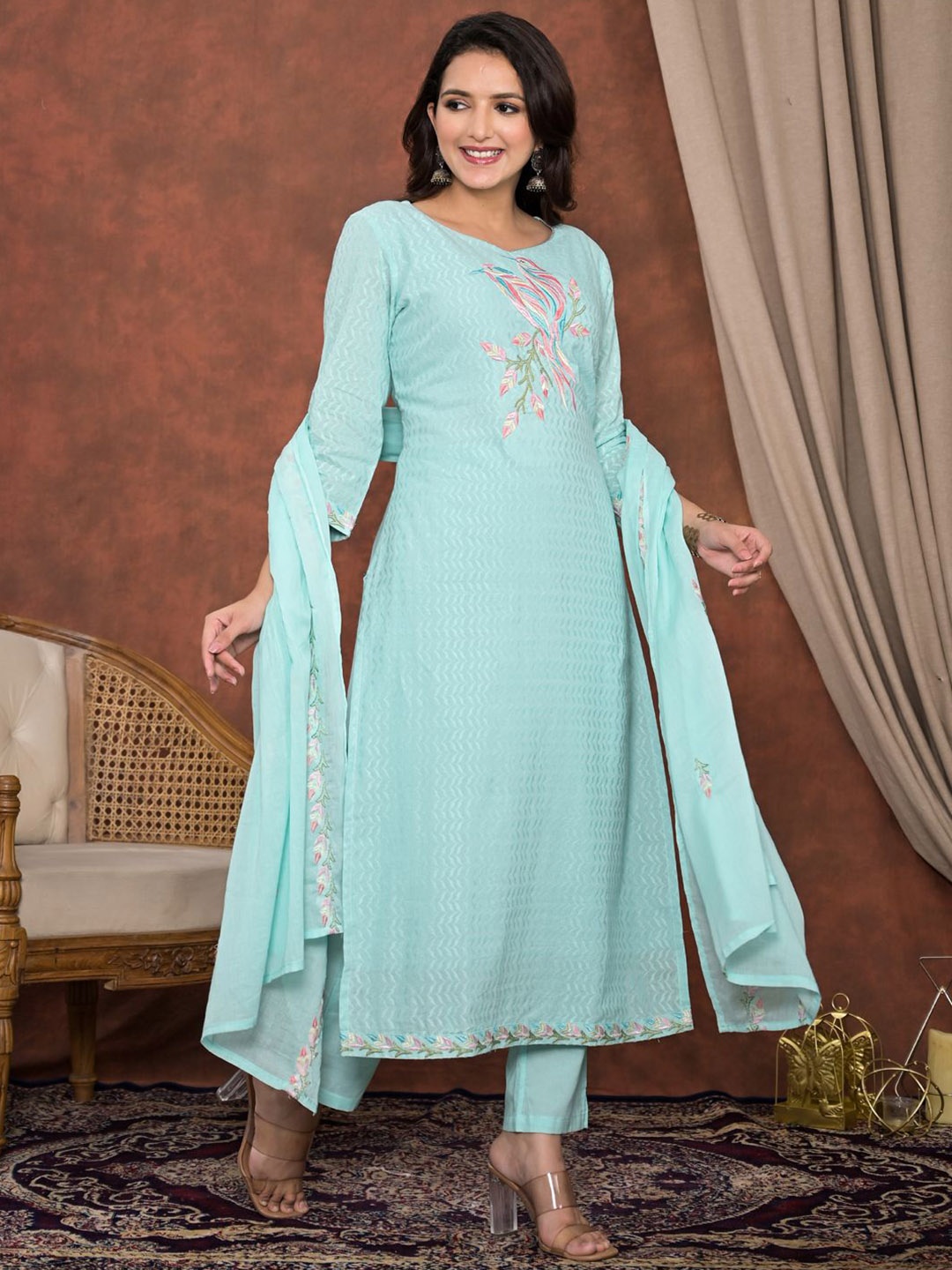 

Readiprint Fashions Floral Thread Work Pure Cotton Straight Kurta with Palazzos & Dupatta, Turquoise blue