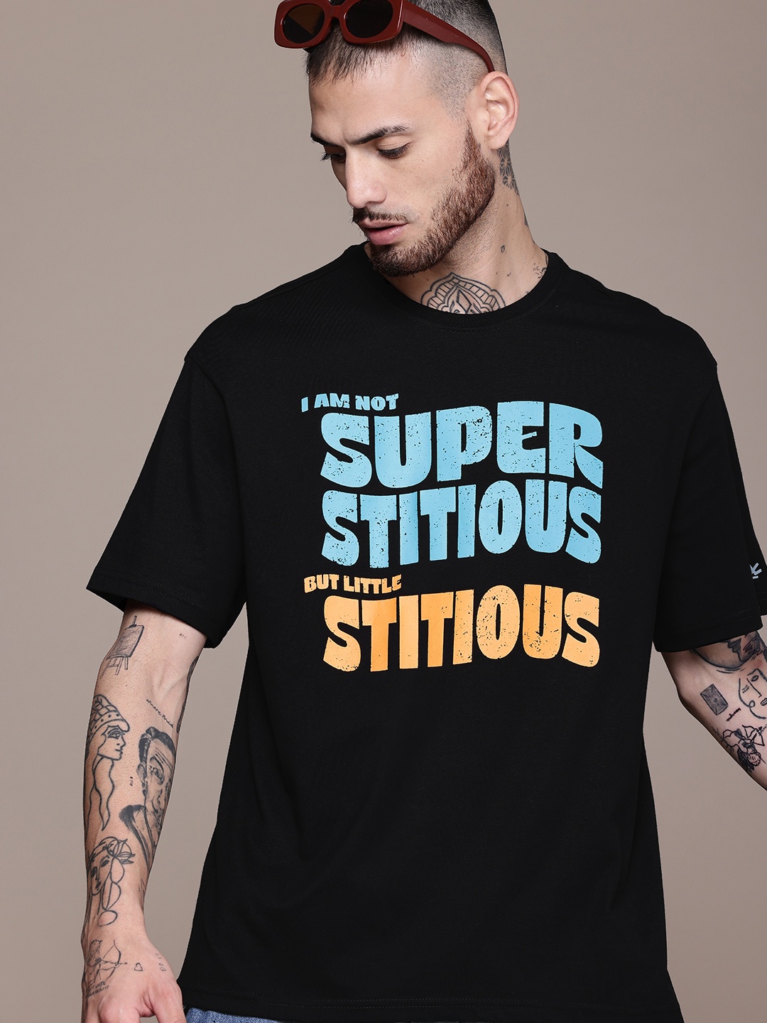 

WROGN X The Office Typography Printed Oversized Drop-Shoulder Sleeves Pure Cotton T-shirt, Black