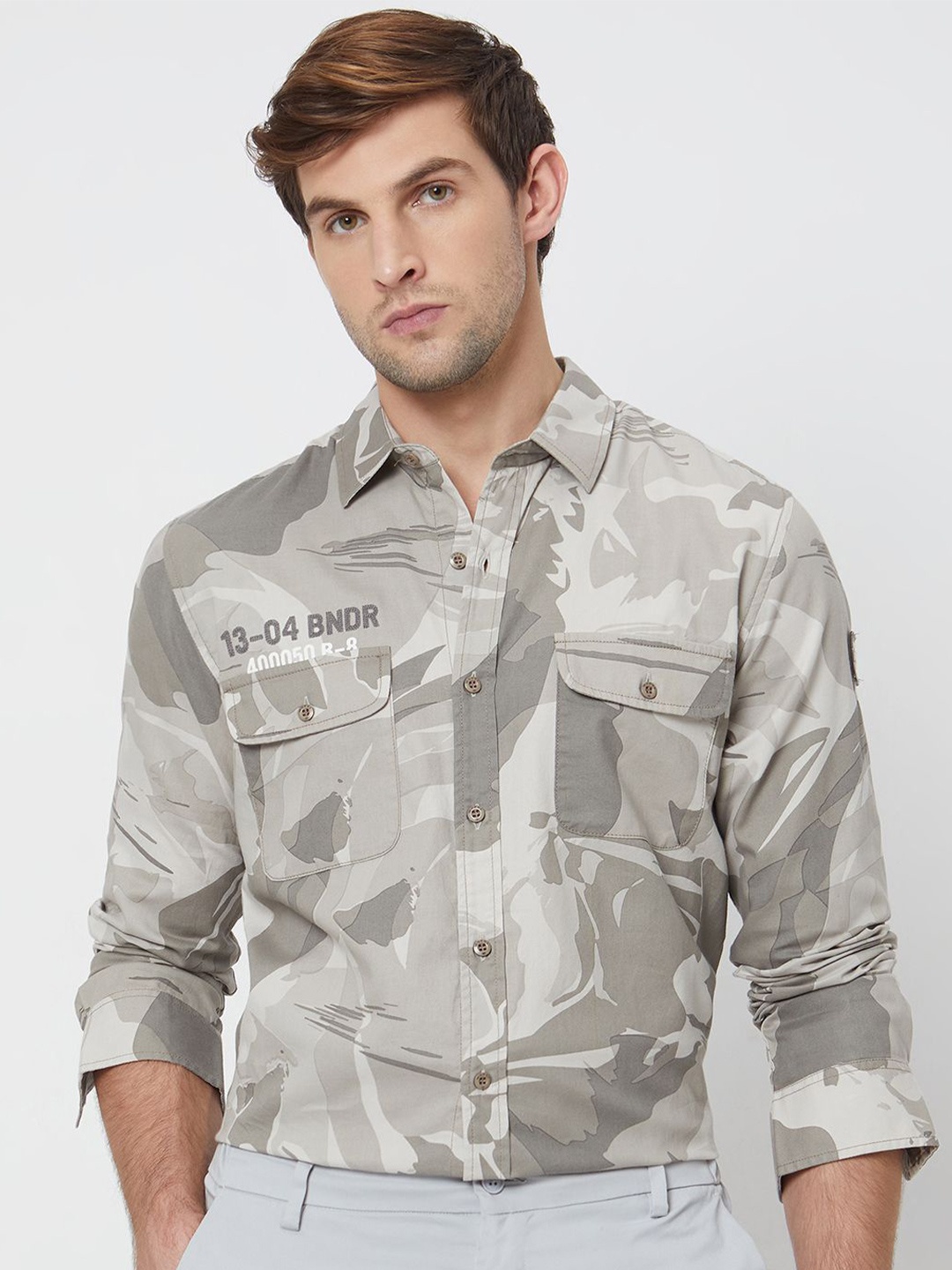 

Mufti Men Spread Collar Camouflage Printed Cotton Slim Fit Casual Shirt, Grey