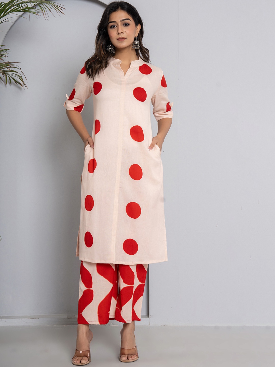 

JAIPURI BUNAAI Polka Dots Printed Mandarin Collar Pure Cotton Kurta with Palazzos, White
