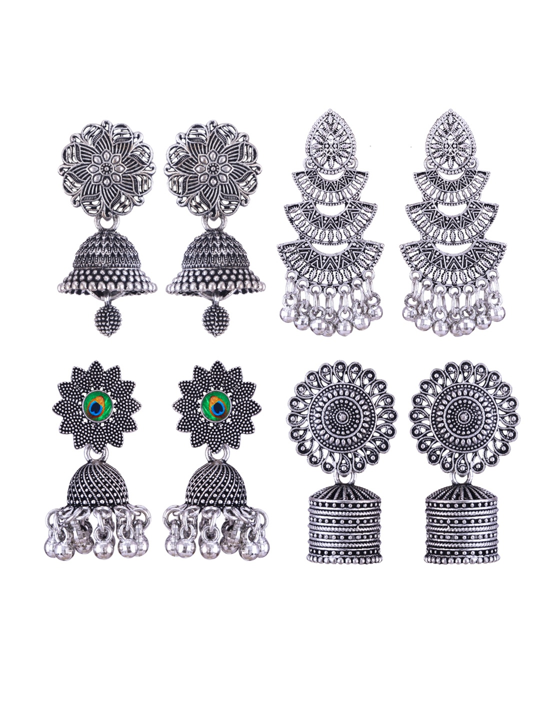 

DIVASTRI Set Of 4 Silver-Plated Peacock Shaped Oxidised Jhumkas