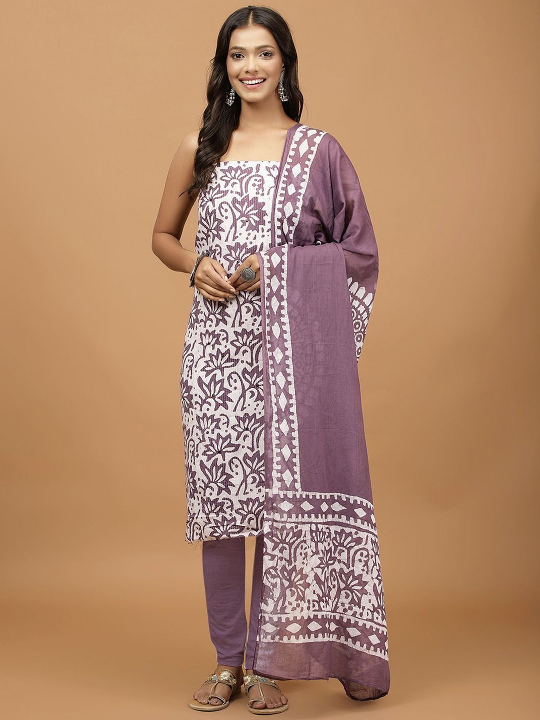 

Meena Bazaar Floral Printed Mirror Work Unstitched Dress Material, Purple